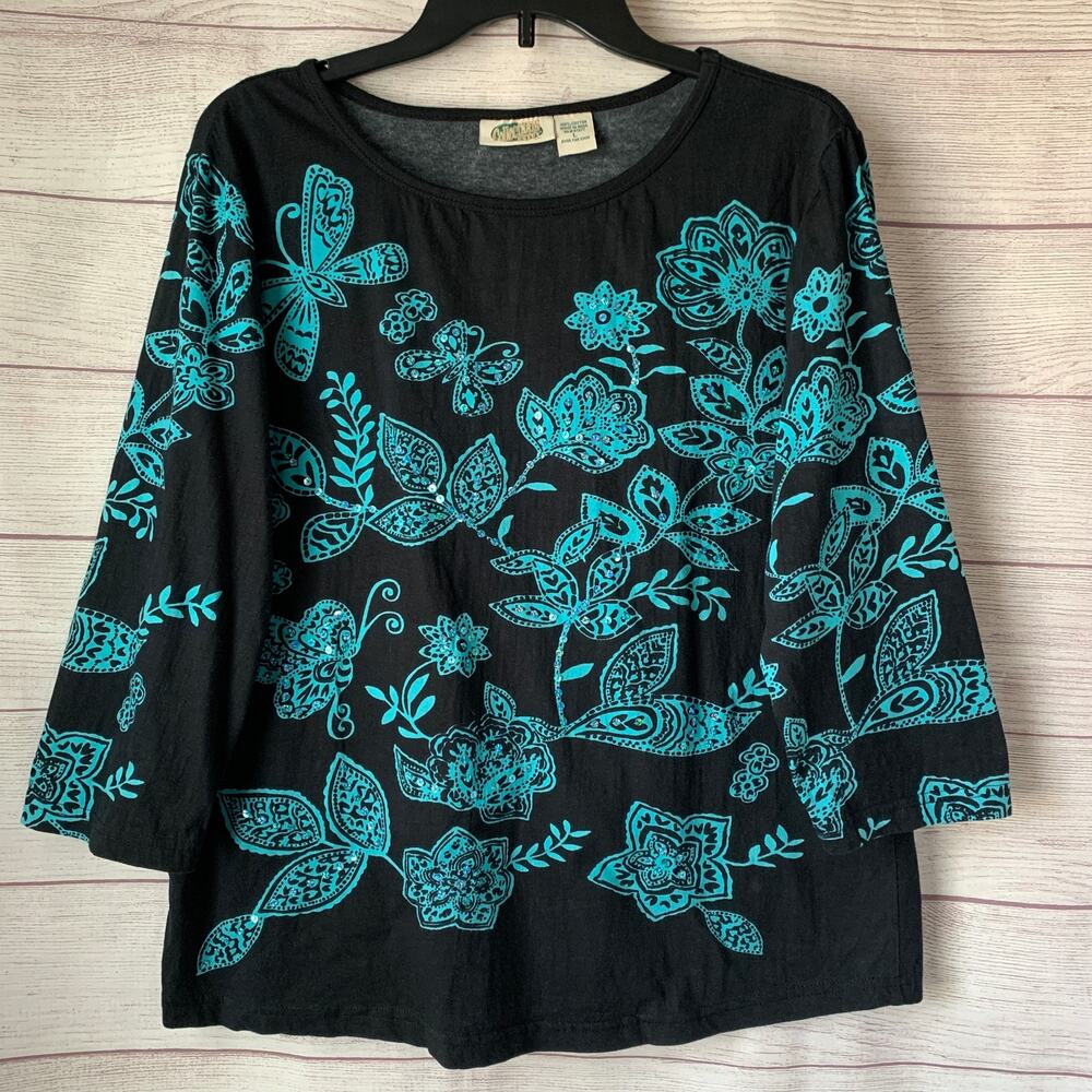 Collections Etc. Balack with Light Blue Floral and Butterfly Pattern Size L